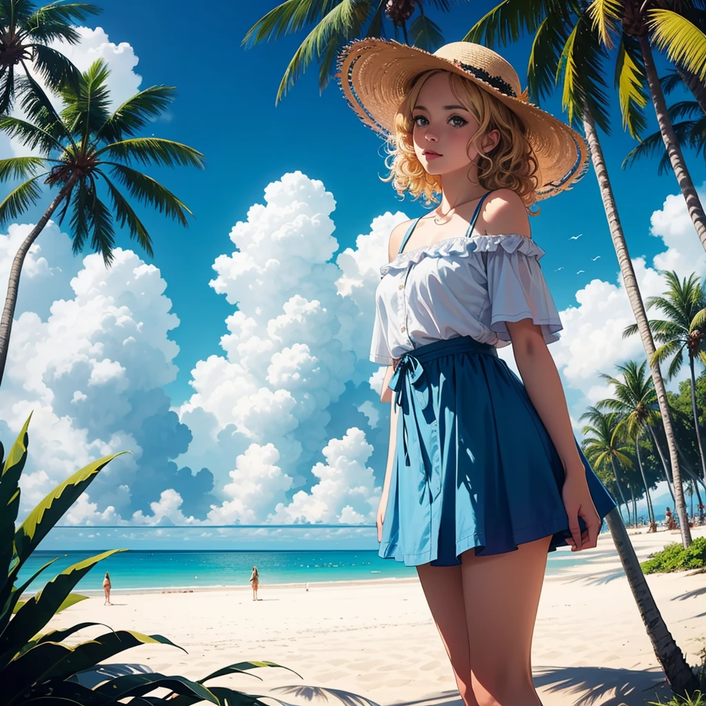rococo style, (movie poster:1.2), soft lighting, (dramatic angle:1.25), (standing alone:1.4), (1 girl), ((hair blonde), long curly hair), blue colored eyes, (ssmile), beachfront straw hat, (off shoulder shirt), hat flower, (looking at side:1.3), fantastic colorful, mar, coconut tree, blue sky with clouds, (beachfront:1.3), (work of art:1.2), ultra detali, (best qualityer), illustration, (Depth of field)
