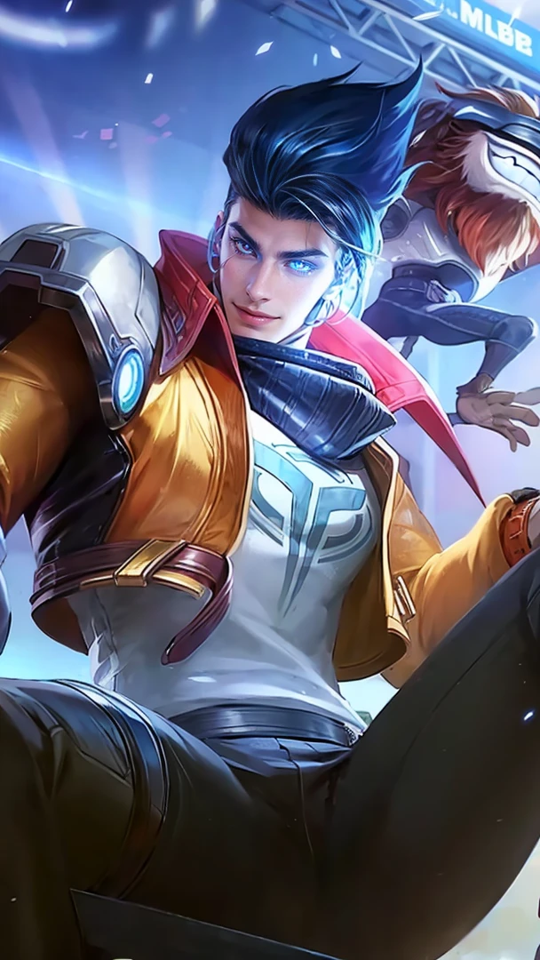 Best quality, masterpiece, detailed skin texture, detailed clothes texture, detailed face, super detail, 8k, intricate detail, 1 boy, The color doesn't change, Muscle guy, 1 guy, strong red eye glow (red eye:1.2), lots hair, smile.