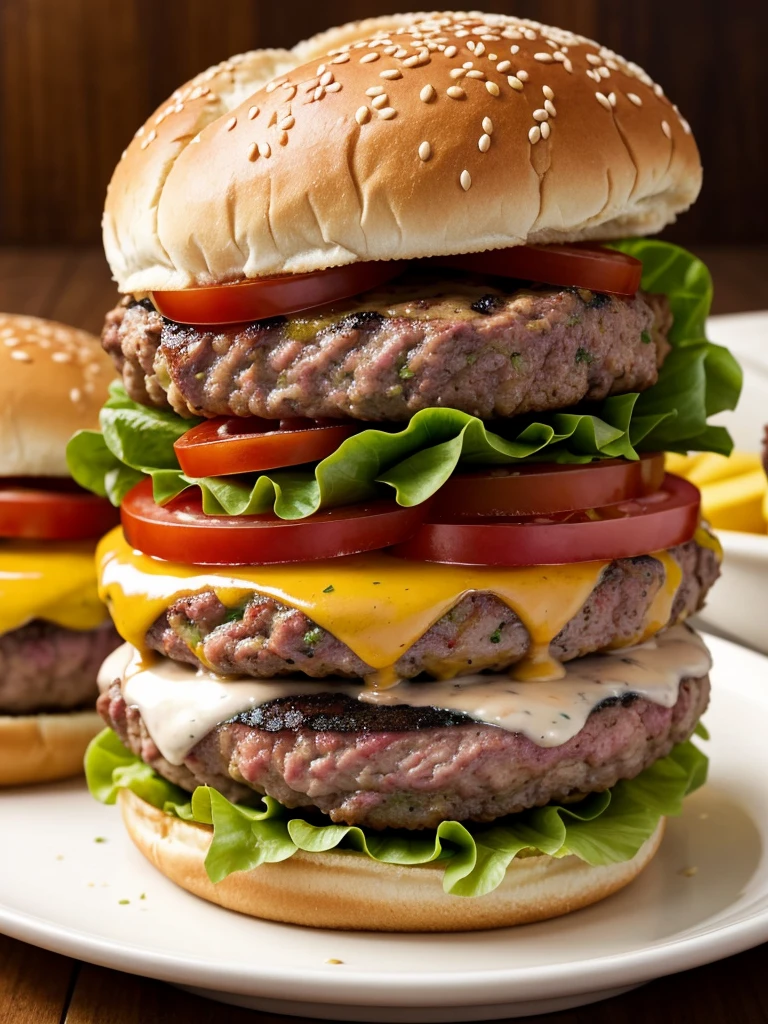 juicy hamburgers on the sides and in the middle space to add a title ~ Master of Hamburges ~ This should portray hunger and desire