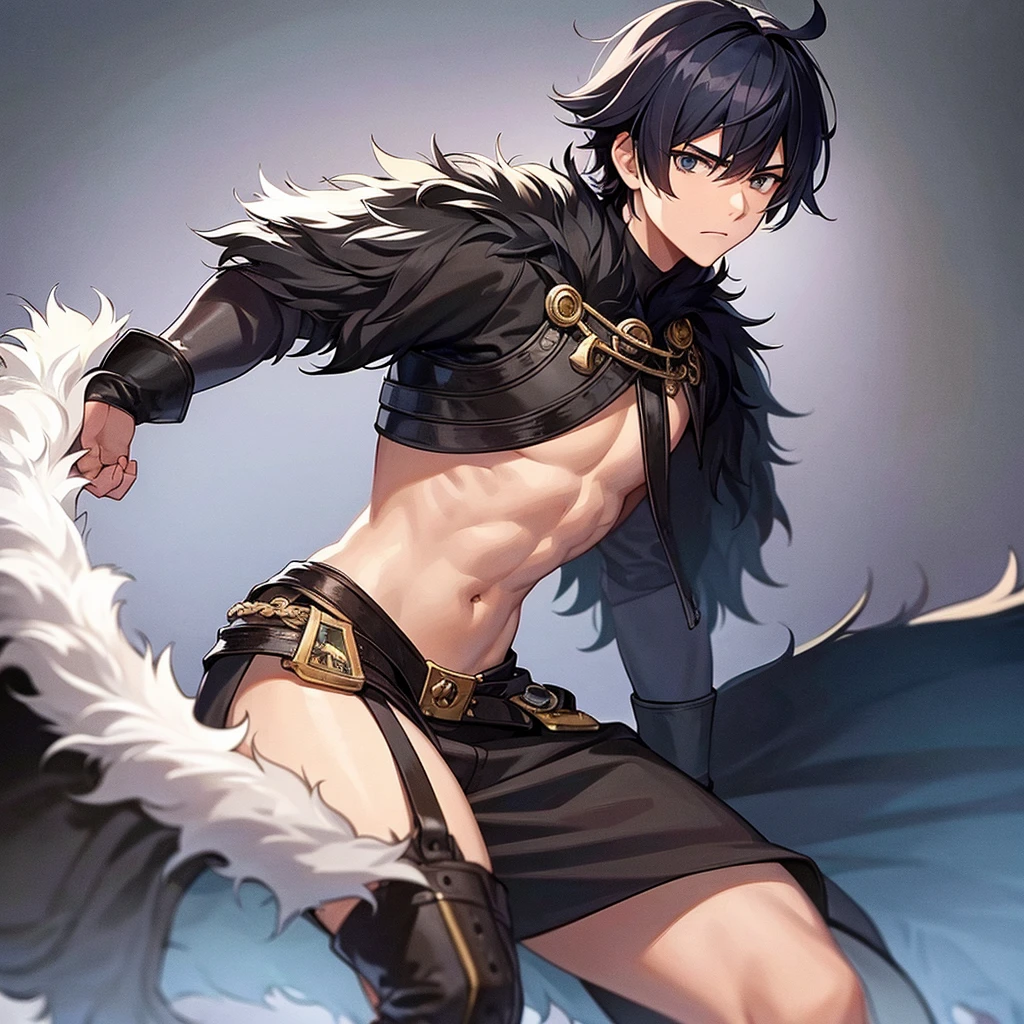 (high resolution, pixel perfect, gorgeous illustrations), (hyper quality, muste piece, etheric: 1.4), ((nsfw)), (((cowboy shot))), face focus, ((1girl)), (((Androgynous))), ((((sexy pose, open stance)))), cool atmosphere, black hair, ((((bob cut)))), (((Exquisite face))), blush, ((female)), (ideal ratio body proportions, slender, flat chest), (((loincloth))), sweat, shiny skin, gleaming skin, simple background,