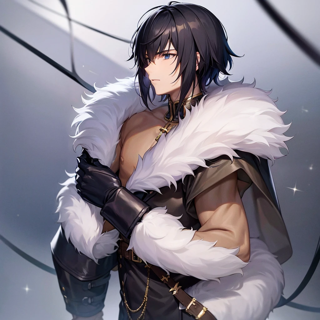  boy with his bangs on the side yelling wearing a fur cape fighting up a short haired emperor 