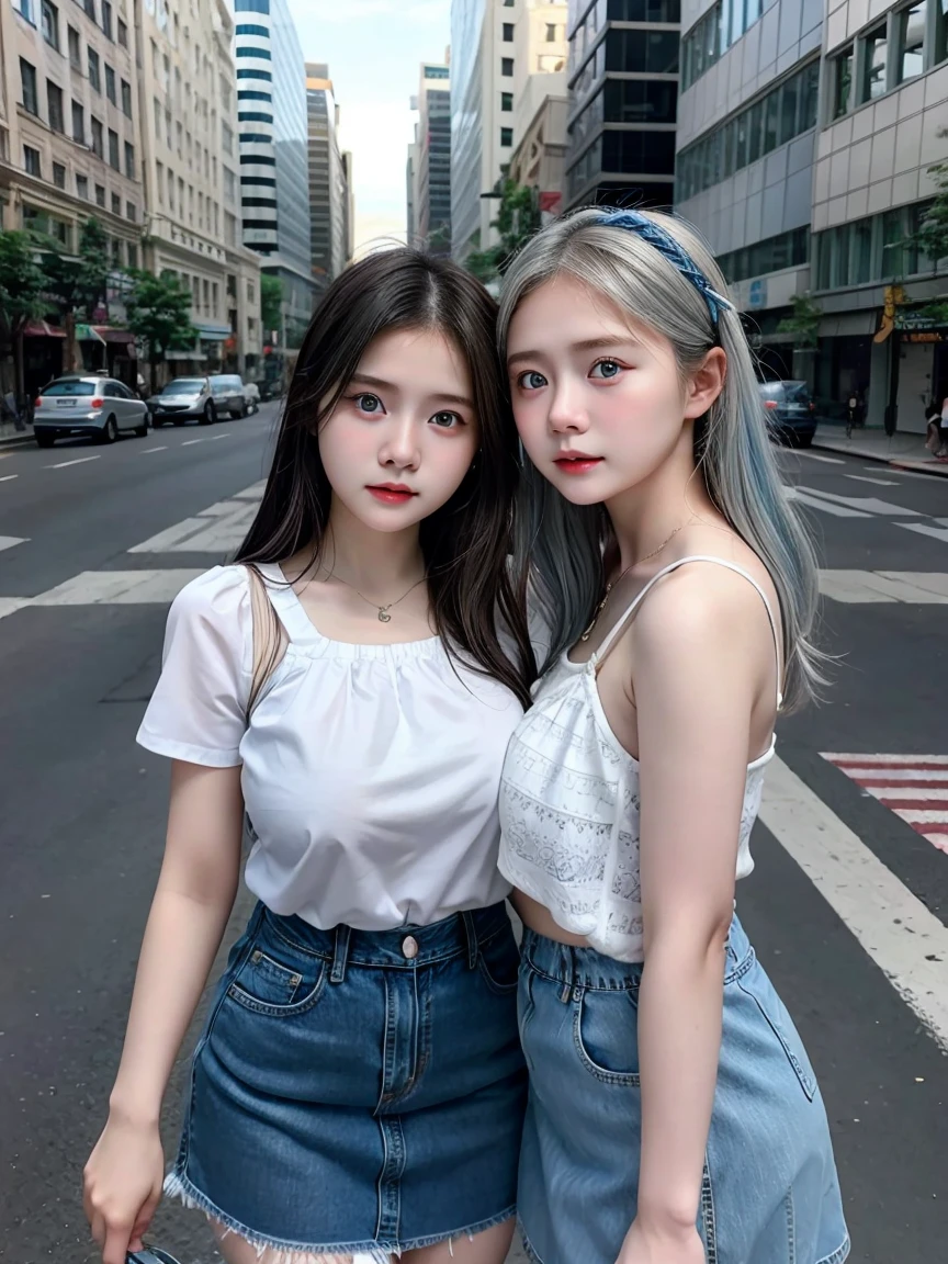 (2 girls), Indonesian baby face, 12 years, white skin, Round breast, blue eyes, in the city, silver hair, 8K, The details are very realistic...., The best of photography Wear a jeans skirt....