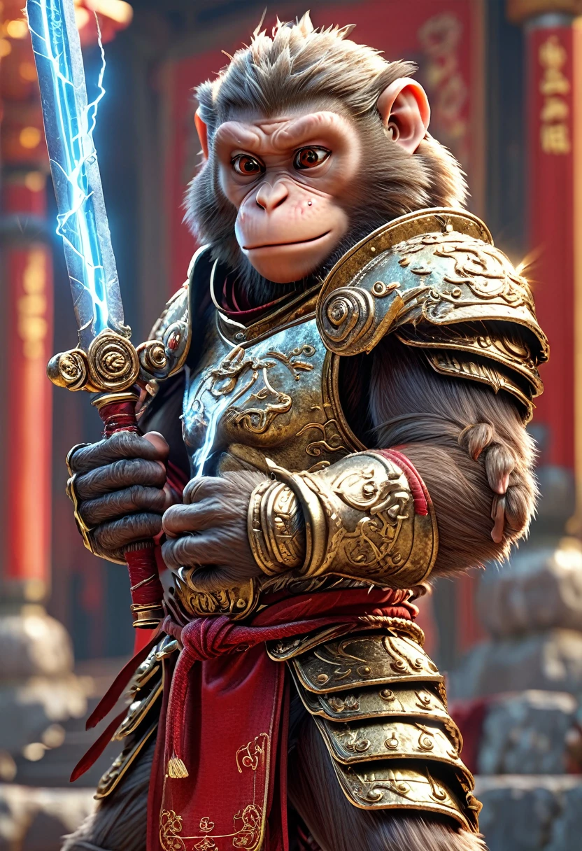 Close-up shot of a monkey, Monkey Warrior,whole body, Equipped with lightning-charged claws, Wearing a fighting uniform, Chinese Shaolin Temple Background, High resolution, masterpiece, Highest quality, Super detailed, Super detailed, Ultra-realistic,
Hong Kong Style, 3D Fluffy, Cute and adorable close-ups, Cute big round reflective eyes, Long fuzzy fur, Pixar Rendering, unreal engine Cinematic smooth, Exquisite detail, Cinematic