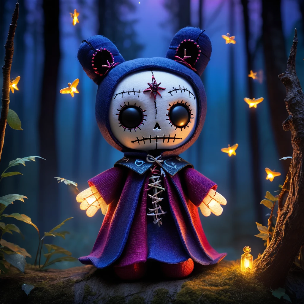 (knitted toy voodoo doll: 1.6), (Voodoo Twilight Sorcerer: 1.3), (clothes Cloak with sunset sky patterns, silver mantle: 1.0), (Moonstone, glowing wand: 1.1) (against the background of the Twilight forest, illuminated by fireflies and mystical light: 1.3), best quality, masterpiece, detailed soft oil painting, detailed background, dramatic cinematic lighting, soft edge lighting, professional, dramatic lighting, hard edge lighting, ultra quality, 4k,masterpiece, best quality, 8k, ultra highres, highres, extremely detailed