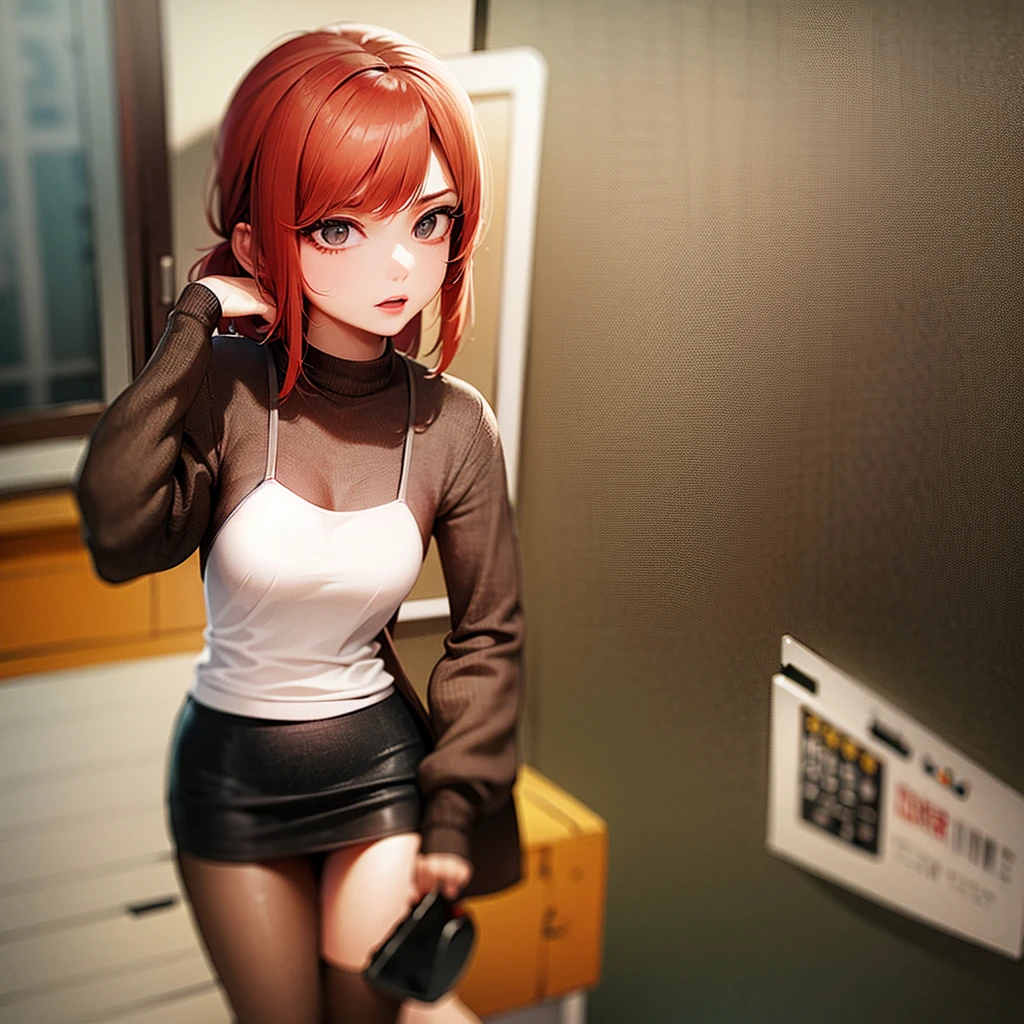 young woman, mini short skirt, with red-yellow hair, Twin Till, 3D wallpaper.