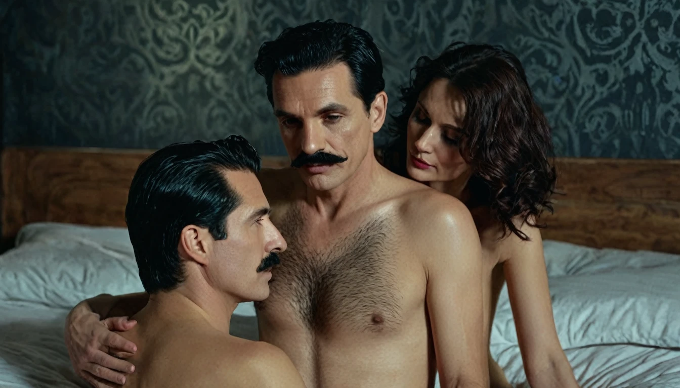 The man in his 45s with black very short hair and smooth face with moustache. The woman in her 45s with brown wavy long hair. They are naked. In the bed, they have sex. Night. Dim and dark environment. UHD. HDR. Cinematic.