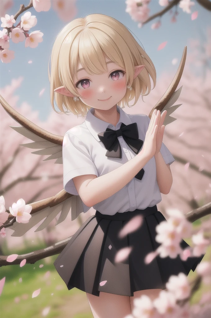 masterpiece, best quality,ultra detail, ,from above,waving at viewer,1girl,20s,happy,white shirt,black standard tie,short sleeves,white school skirt,short hair,blonde hair,pointy ears,((harpy,harpy wings)),cherry_blossoms((blurry)), blurry_foreground, depth_of_field, blurry_background, petals, smile, solo, spring_\(season\), branch, looking_at_viewer, blush, falling_petals, pink_flower, motion_blur, wind, outdoors, flower