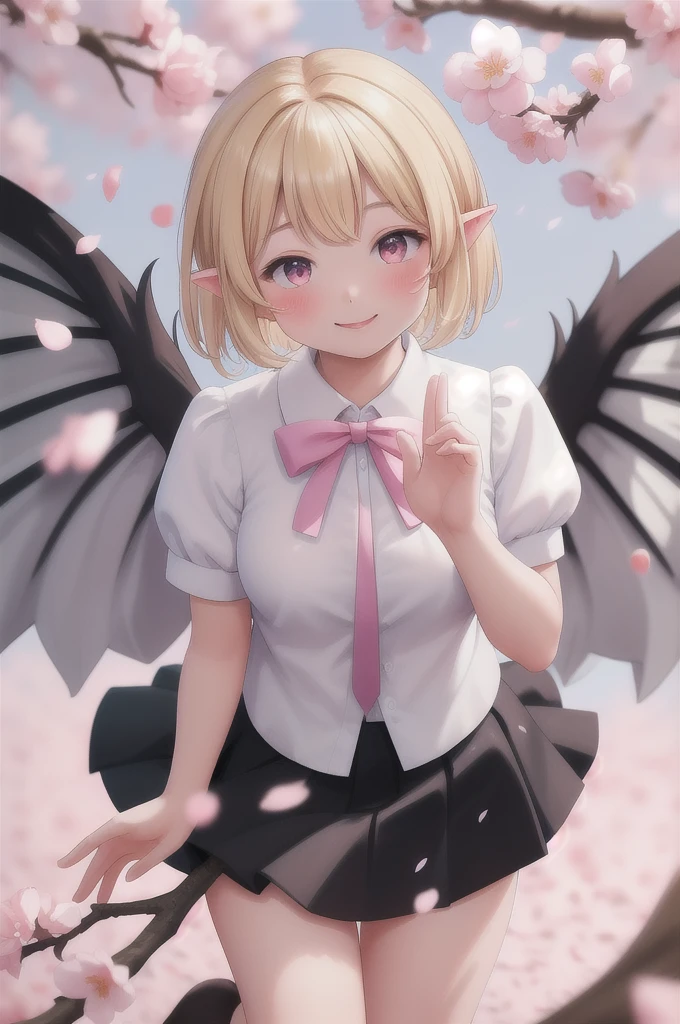 masterpiece, best quality,ultra detail, ,from above,waving at viewer,1girl,20s,happy,white shirt,black standard tie,short sleeves,white school skirt,short hair,blonde hair,pointy ears,((harpy,harpy wings)),cherry_blossoms((blurry)), blurry_foreground, depth_of_field, blurry_background, petals, smile, solo, spring_\(season\), branch, looking_at_viewer, blush, falling_petals, pink_flower, motion_blur, wind, outdoors, flower