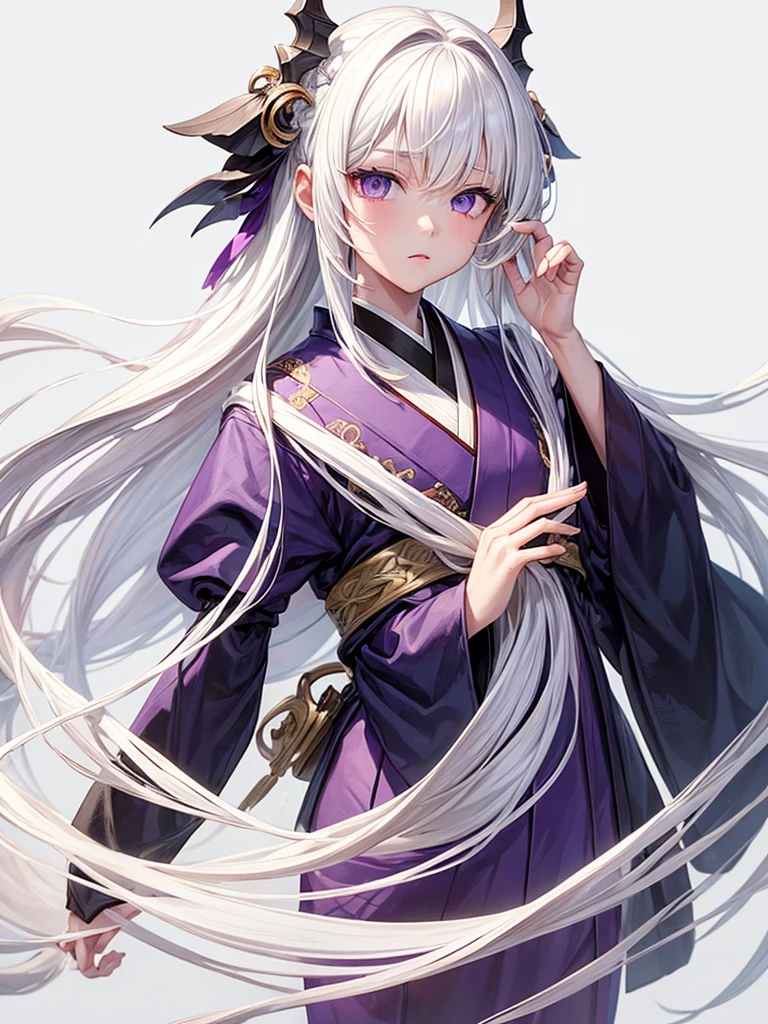 ((masterpiece)), (((best quality))), (character design sheet, same character, front, side, back), Illustration, 1 boy, teenager, long hair, white hair color, bangs, hairstyle fax, albino, purple eyes, beautiful blind eyes, cute face, environment change, flute, hairstyle fax, pose kotai, feminine boy, kimono, demon slayer uniform, snow, (simple background, white background: 1.3)
