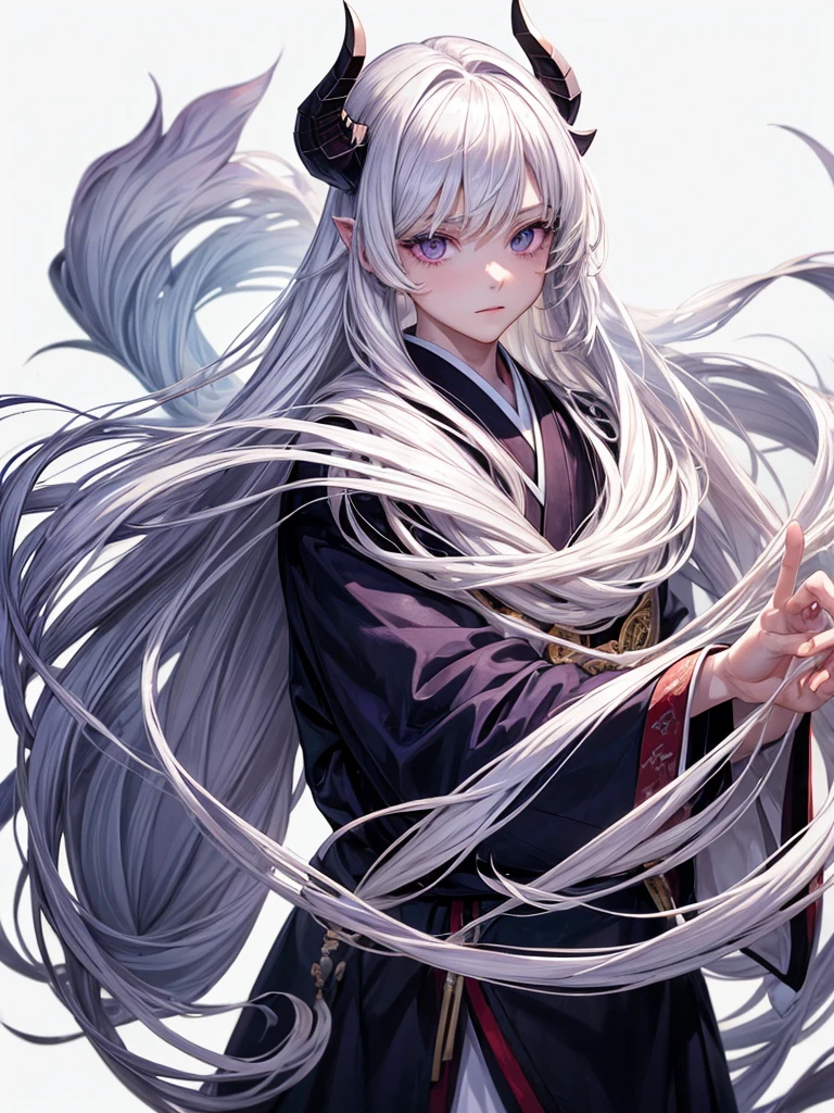 ((masterpiece)), (((best quality))), (character design sheet, same character, front, side, back), Illustration, 1 boy, teenager, long hair, white hair color, bangs, hairstyle fax, albino, purple eyes, beautiful blind eyes, cute face, environment change, flute, hairstyle fax, pose kotai, feminine boy, kimono, demon slayer uniform, snow, (simple background, white background: 1.3)