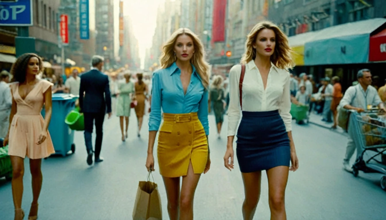 middle ground camera view of many kind of beautiful females walking on the street wearing very sexy short dresses and deep cleavaged futuristic fashion clothes,They are walking in a pedestrian street in a megacity at morning time. Males are wearing suits or t-shirt with blue jeans. In the background (((there are big garbage mounds on the street and many full trash cans))). The people have photorealistic faces and bodies, detailed facial features, perfect eyes and mouthes and skins with real human hands, rule of thirds.Different styled buildings cover the side of the futuristic street, the natural light of the sun illuminates at daytime. Bustling megacity with many skyscrapers in the background, Natural lights, neutral colors, lomochrome, vintage color tones, dramatic, dynamic composition.Lifelike textures, sharp focus, depth of field, cinematic lighting, Contrast lighting, volumetric lighting, best shadows,sharp focus, depth pf field, photorealism, Realism, Cinematic, Photoreal, 35mm film Screengrab a Super Panavision film, in color. best quality , hdr, uhd, 8k, 35 mm film, analog camera shot.

