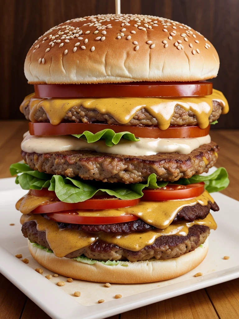 I want an extremely realistic hamburger with a space in the middle to add a title you should make a beautiful hamburger in the center and other fast food foods on the side as secondary the focus should be on the hamburger and it should portray hunger and desire