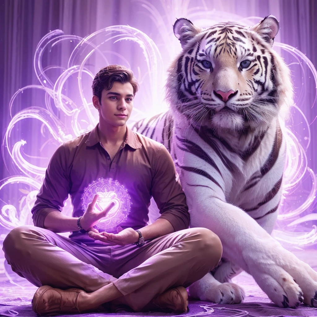 A handsome young man with a white tiger