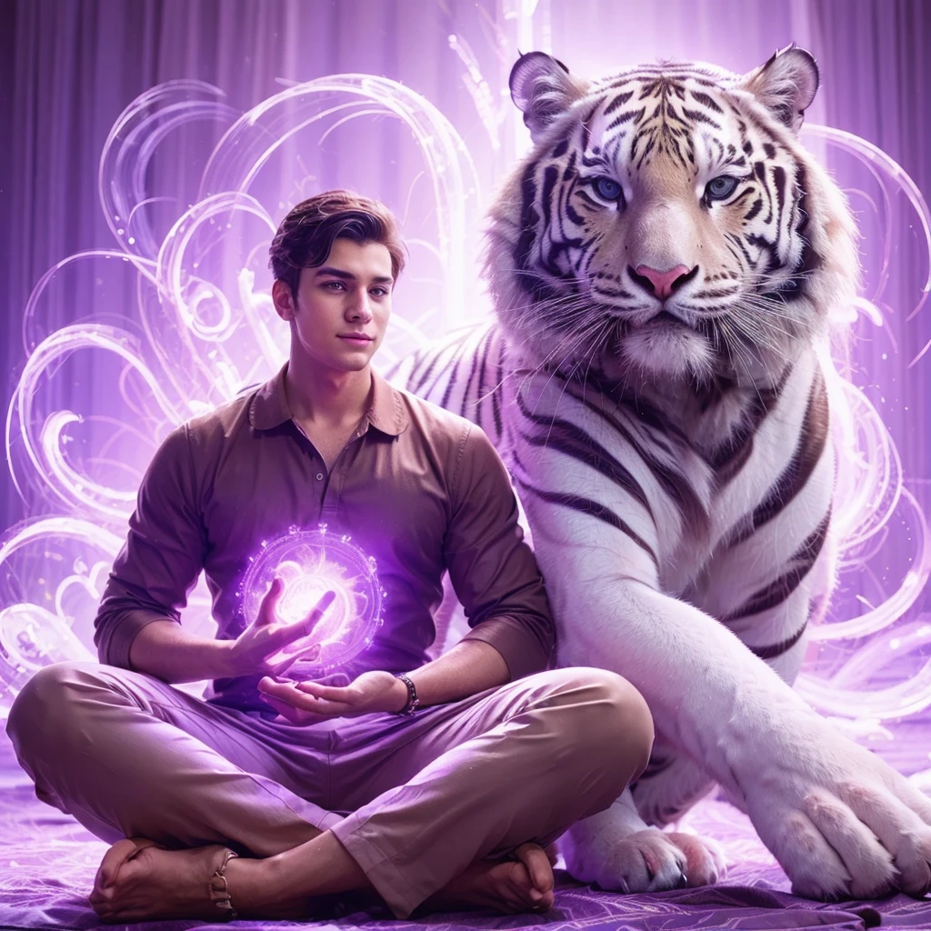 A handsome young man with a white tiger