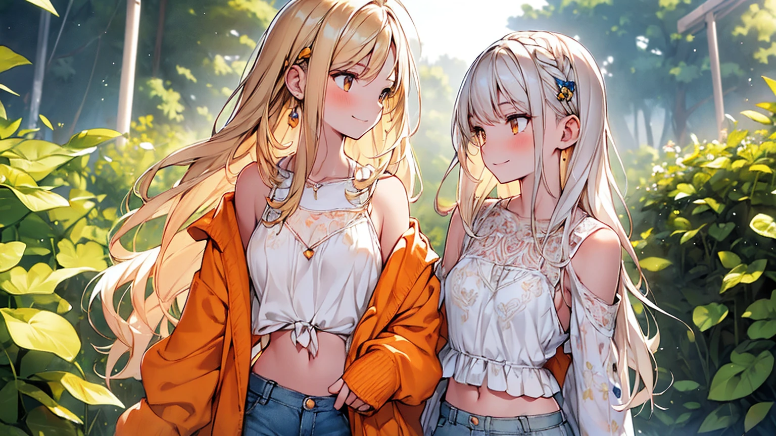masterpiece, best quality, high quality, ultra detailed, detailed, hyper detailed, insanely detailed, exquisite, beautiful, grassland, a girl, happy, glad, blissful, smiling, standing, making a heart with hands, looking at viewer, long hair, blonde, brown eyes, big eyes, tareme, pale skin, fair skin, pale skin, detailed face, detailed skin, shiny skin, , slim, scrawny, shorts, off shoulder, undone clothing, tank top, ager, young adult, emaciated, Happy Scene, blue background, in the grassland, with a grassland, in the afternoon, full body shot, from front, ,silver-yellow hair, long hair, flipped hair, hair clips, parted bangs, droopy eyes, orange eyes, light yellow cardigan, white sleeveless blouse, tied orange string, flat chest, small breasts, navel baring, denim shorts with twisted strings, skinny body,
