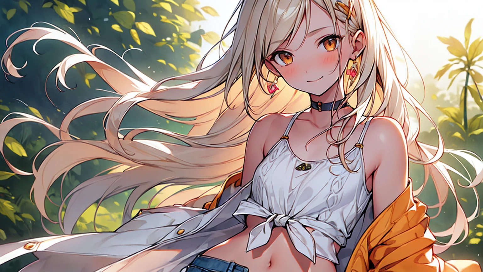 masterpiece, best quality, high quality, ultra detailed, detailed, hyper detailed, insanely detailed, exquisite, beautiful, grassland, a girl, happy, glad, blissful, smiling, standing, making a heart with hands, looking at viewer, long hair, blonde, brown eyes, big eyes, tareme, pale skin, fair skin, pale skin, detailed face, detailed skin, shiny skin, , slim, scrawny, shorts, off shoulder, undone clothing, tank top, ager, young adult, emaciated, Happy Scene, blue background, in the grassland, with a grassland, in the afternoon, full body shot, from front, ,silver-yellow hair, long hair, flipped hair, hair clips, parted bangs, droopy eyes, orange eyes, light yellow cardigan, white sleeveless blouse, tied orange string, flat chest, small breasts, navel baring, denim shorts with twisted strings, skinny body,