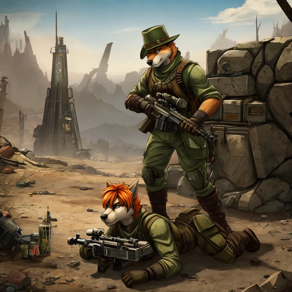 Gray husky with orange hair, fallout, NCR ranger, sniper rifle on back, pipboy 