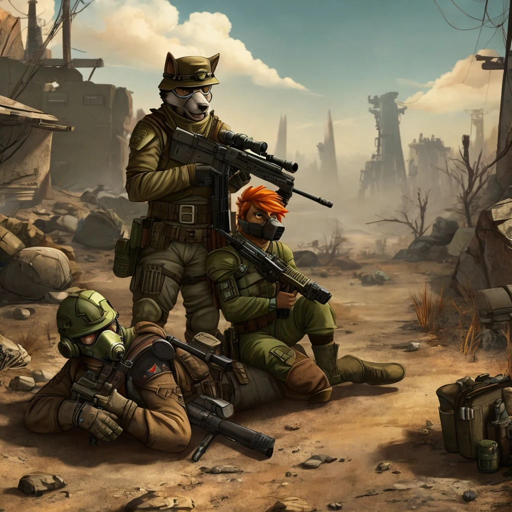 Gray husky with orange hair, fallout, NCR ranger, sniper rifle on back, pipboy