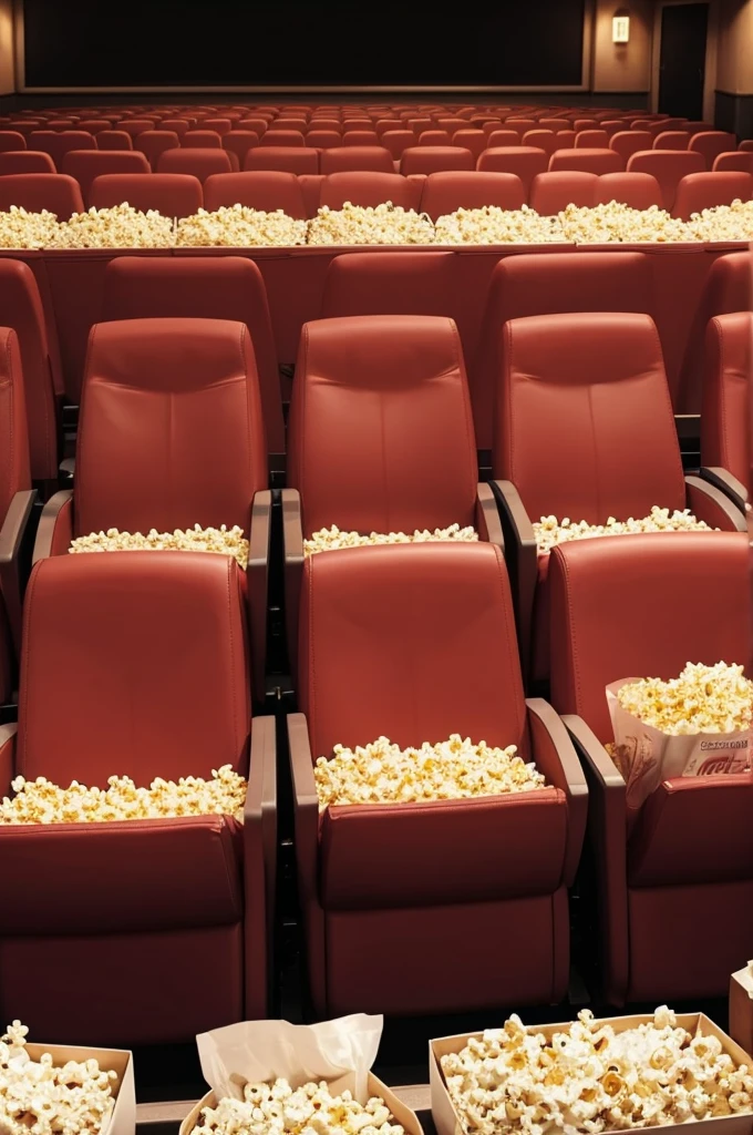 Empty cinema seats and popcorn packets in evidence