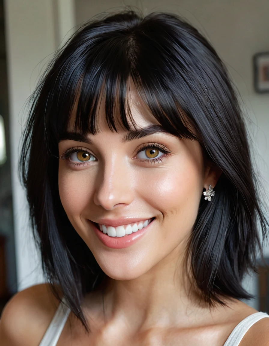 (masterpiece), best quality, Phone photo selfie, attractive young woman with black hair and brown eyes, small silver earrings, flirty look, posted on snapchat, smiling, boring PHY 2743 at night at home. Her light honey-colored eyes are striking, with the iris clearly visible and reflecting the light, becoming the focal point of the photograph. Her expression is happy and smiling and she looks out of the frame with a gentle intensity. She has long, straight light black hair, light pale skin. The overall atmosphere is intimate, emphasizing the intricate interplay of light and dark on her face. HDR(HighDynamicRange),Ray tracing,NVIDIA RTX,Hyper-Resolution,Unreal 5,sub-surface Scattering,PBR Texturing,Postprocess,Anisotropy Filtering,depth of fields,Maximum clarity and sharpness,multi-layer texture,Albedo and specular maps,Surface Shading