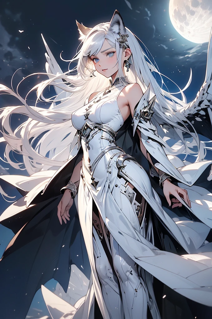 ((masterpiece, Highest quality)),Ultra-high resolution, (realism: 1.4),Best illustrations,Line art,Very condensed adult female,Delicate and beautiful features,Slit eyes,Sharp face,Very detailed white coat,Silver Hair,Wolf ears,Big tail,Fantasy,Roaring against the backdrop of the full moon and wilderness,Roaring Woman,Double teeth,wide aperture,Unreal 5,Scattered beneath the surface,Anatomically correct,Low angle full body shot