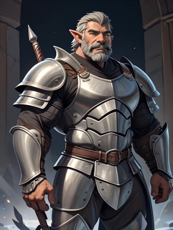 burly virile hairy elf, in a suit of armor, a himbo muscle daddy, middle-aged dilf, hirsute, overmuscular and musclebound, bulging veiny muscles, a warrior's build, a bodybuilder's physique, long bushy and a thick mustache, a square jaw, handsome and dreamy, grey hair, a knight clad in full armor