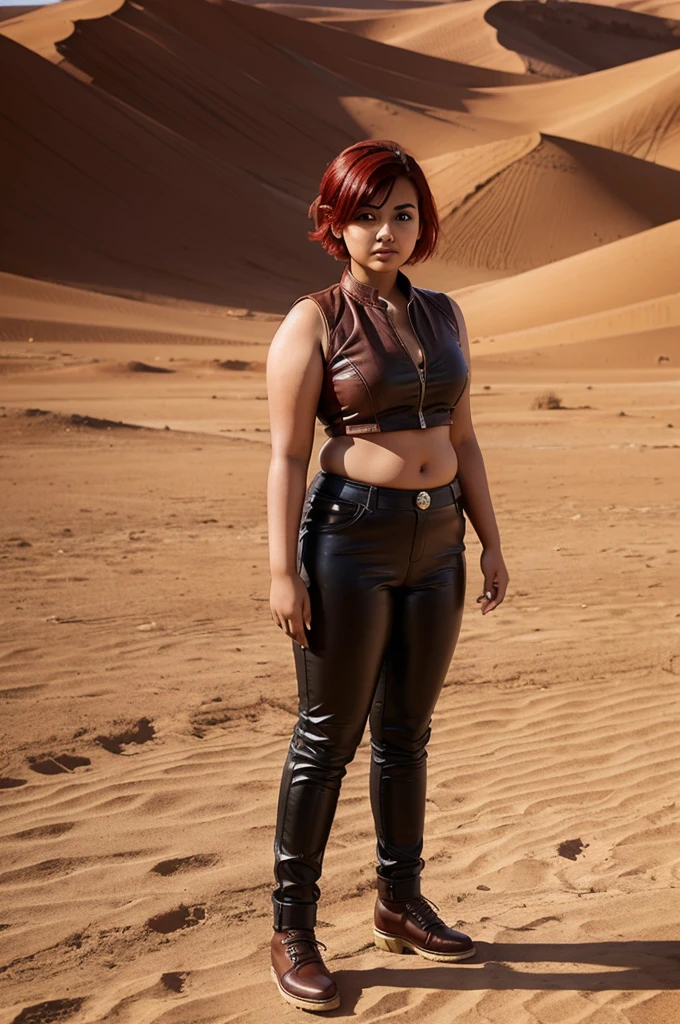 A young chubby Indian girl with short red hair and fair complexion wearing a leather outfit and standing in a desert