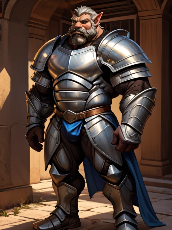 burly virile hairy elf, in a suit of armor, a himbo muscle daddy, middle-aged dilf, hirsute, overmuscular and musclebound, bulging veiny muscles, a warrior's build, a bodybuilder's physique, long bushy and a thick mustache, a square jaw, handsome and dreamy, grey hair, a knight clad in full armor