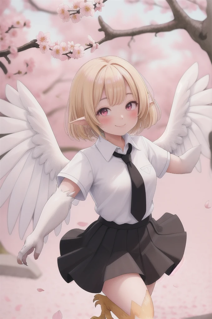 masterpiece, best quality,ultra detail, ,from above,waving at viewer,(1girl,20s,mature female),happy,white shirt,black standard tie,short sleeves,white school skirt,short hair,blonde hair,pointy ears,((harpy,harpy wings)),cherry_blossoms((blurry)), blurry_foreground, depth_of_field, blurry_background, petals, smile, solo, spring_\(season\), branch, looking_at_viewer, blush, falling_petals, pink_flower, motion_blur, wind, outdoors, flower
