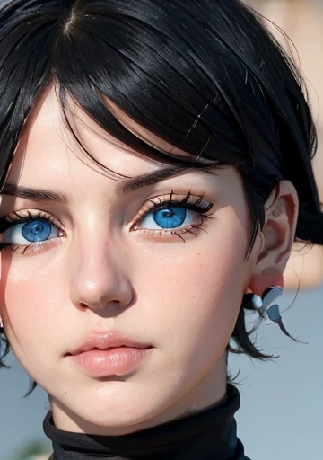 A perfect asymmetrical and detailed face, blue eyes ,black hair, beautiful full body portrait 1.2 esbelta Grandes guide 