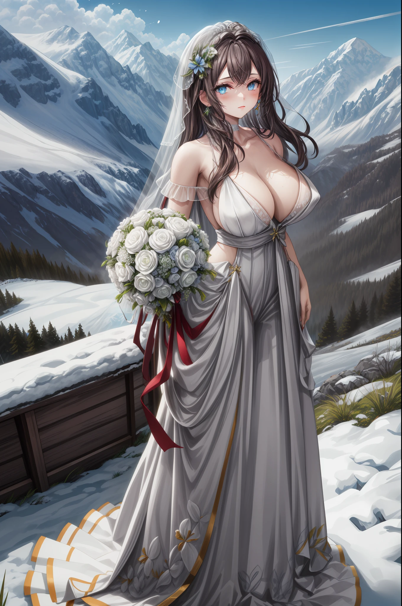 (1 girl), (Masterpiece), (Best Quality), ((looking at the viewer)), ((whole body)),((in front of the viewer)), ((dress that highlights your figure)), ((by white)), ((beautiful wedding dress))
In a serene alpine setting, on top of a snow covered mountain, a young woman stands gracefully. Their hair, as pure and white as freshly fallen snow, cascades down her shoulders in soft waves. His eyes, a striking shade of blue reminiscent of deep sapphires, reflect the clear, cool sky above. She is adorned with an elegant, Flowing white dress that flutters slightly in the mountain breeze., accentuating her slender figure. The morning sun bathes her in a soft, golden glitter, highlighting the delicate features of your face: a serene expression that reflects the tranquility of its surroundings.. Your gaze is fixed on the panoramic view of steep valleys and distant peaks., a scene painted with pristine snow and lush greenery under the vast, immaculate sky.