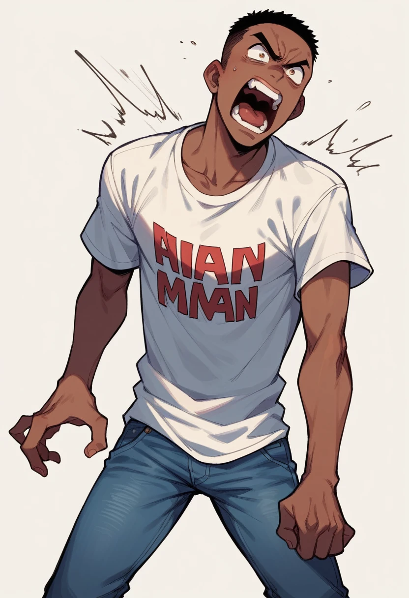 young African-American man aged 18, he seems angry, he seems shocked, the open mouth, screaming, in t-shirt and jeans, plain white background