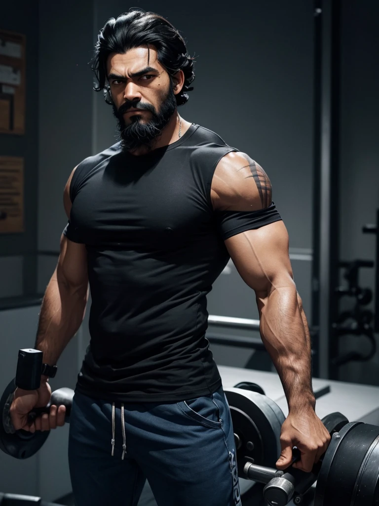 man about 35, dark skin, Blackbeard, black hair neatly styled back, scar on his left eye, sapphire eyes, black tight t-shirt, pumped up body