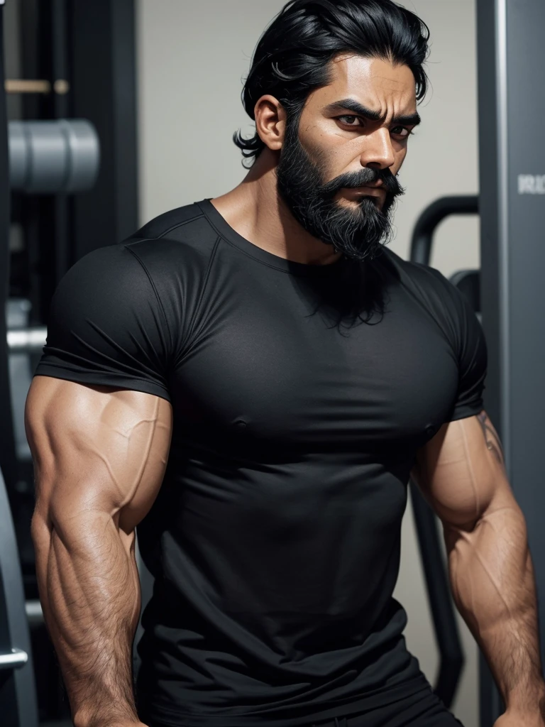 man about 35, dark skin, Blackbeard, black hair neatly styled back, scar on his left eye, sapphire eyes, black tight t-shirt, pumped up body