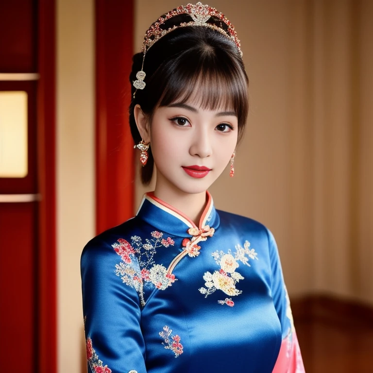 Asian woman Arav in red dress poses for photo, wearing a red Cheongsam, Cheongsam, Chinese dress, Chinese style, traditional chinese, Chinese woman, with ancient Chinese clothing, expensive silk, traditional chinese clothing, Chinese girl, Chinese dress, Gorgeous Chinese model, beautiful oriental woman, Chinese princess, สวมชุดCheongsamสีน้ำเงิน, Wearing a bright red dress 8k, 3-D, 45,000,000,000 pixels, Too realistic,