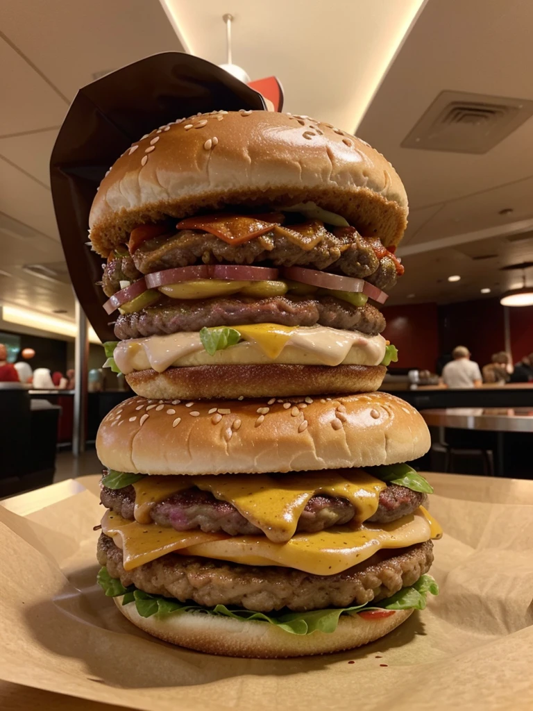 I want an extremely realistic hamburger with a space in the middle to add a title you should make a beautiful hamburger in the center and other fast food foods on the side as secondary the focus should be on the hamburger and it should portray hunger and desire