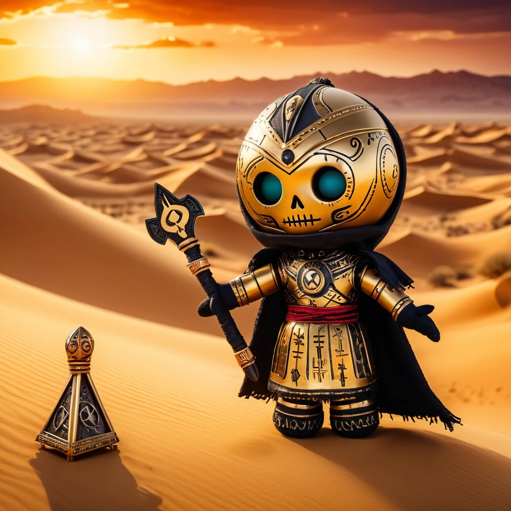 (knitted toy voodoo doll:1.5), (Voodoo Sand Cursed:1.3), (Clothing: ancient tattered robes with hieroglyph patterns:1.0), (Accessories: enchanted scarab emitting a golden glow, floating sand particles:1.1), (background: dark, cursed desert with ancient ruins, swirling sandstorms, and an atmosphere of relentless curse:1.2), best quality, masterpiece, detailed soft oil painting, detailed background, dramatic cinematic lighting, soft edge lighting, professional, dramatic lighting, hard edge lighting, ultra quality, 4k, masterpiece, best quality, 8k, ultra high definition, high resolution, extremely detailed