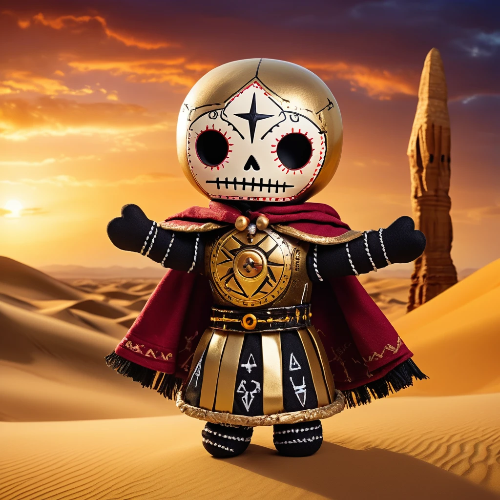 (knitted toy voodoo doll: 1.6), (Voodoo Guardian of Eternity: 1.3), (clothes Golden armor with gothic patterns, long cloak: 1.0), (Hourglass, shield with ancient symbols: 1.1) (against the background of the Desert of Time, a giant hourglass and an eternal sunset sky: 1.3), best quality, masterpiece, detailed soft oil painting, detailed background, dramatic cinematic lighting, soft edge lighting, professional, dramatic lighting, hard edge lighting, ultra quality, 4k,masterpiece, best quality, 8k, ultra highres, highres, extremely detailed