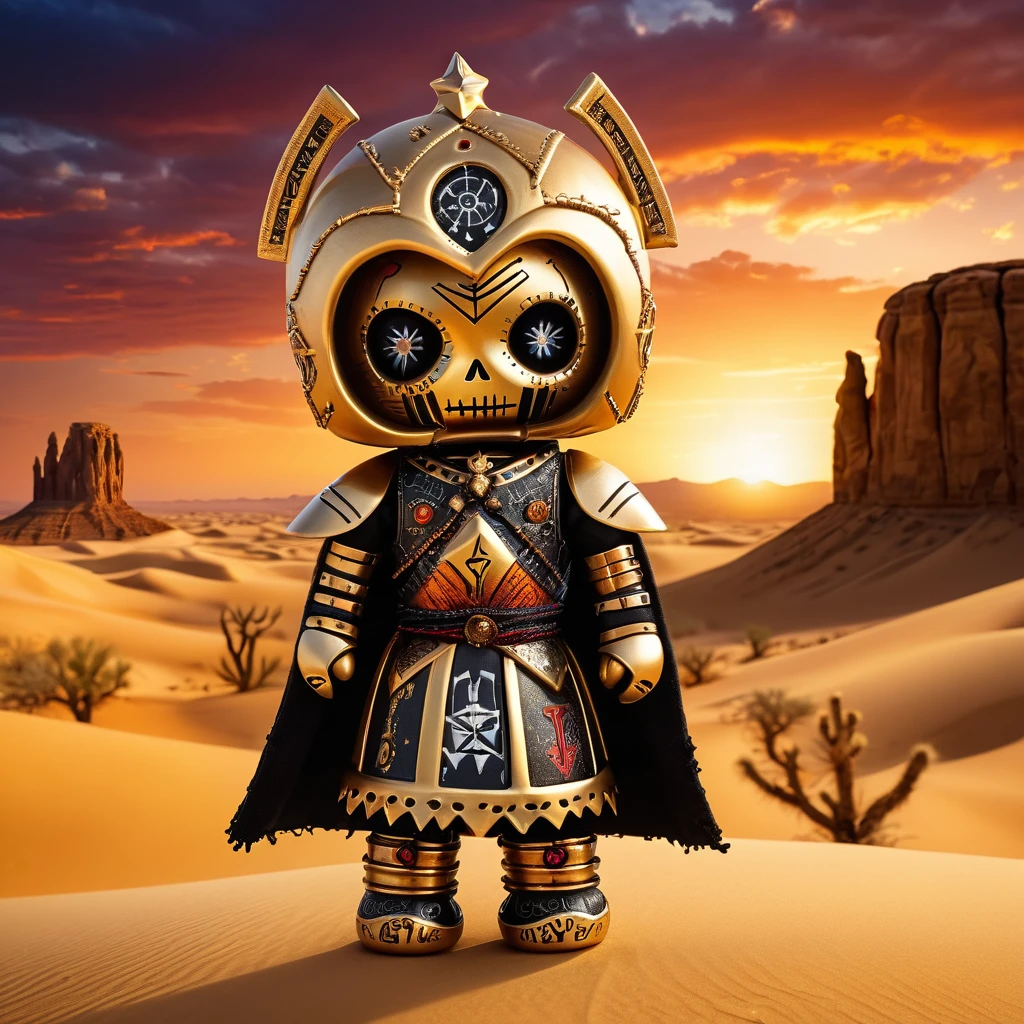 (knitted toy voodoo doll: 1.6), (Voodoo Guardian of Eternity: 1.3), (clothes Golden armor with gothic patterns, long cloak: 1.0), (Hourglass, shield with ancient symbols: 1.1) (against the background of the Desert of Time, a giant hourglass and an eternal sunset sky: 1.3), best quality, masterpiece, detailed soft oil painting, detailed background, dramatic cinematic lighting, soft edge lighting, professional, dramatic lighting, hard edge lighting, ultra quality, 4k,masterpiece, best quality, 8k, ultra highres, highres, extremely detailed