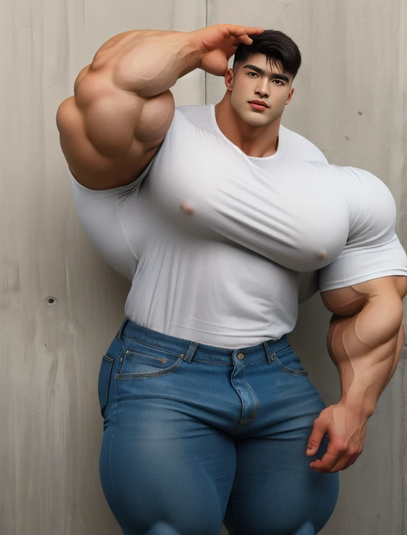 1 men, giant, bodybuilder pose, illuminating light, strong body, bulk, large size, staring, stand on the concrete wall, white shirt & jean pants, prominent bulge, big, brutalmass, giant, muscular body, bulk, buff, massive body, large meaty body size,  black undercut hair