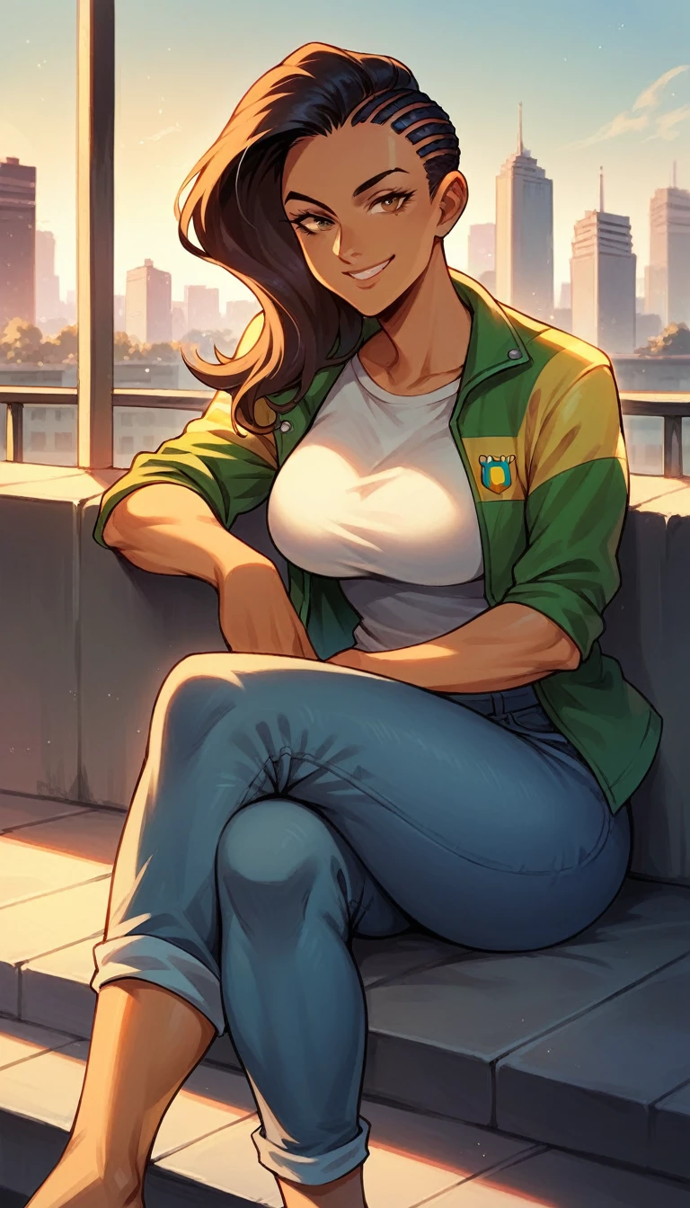 laura matsuda, mature, brown skin, short t-shirt, brazil jacket, jeans, sit, crossed legs, smile, morning, city, strong