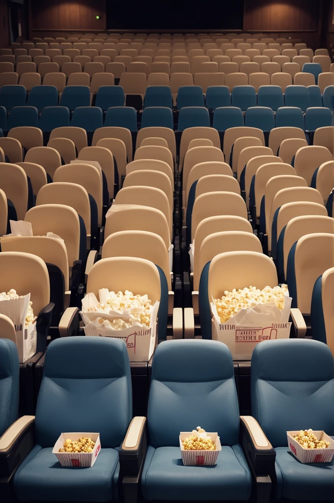Film recording tape ,empty cinema seats and popcorn in evidence