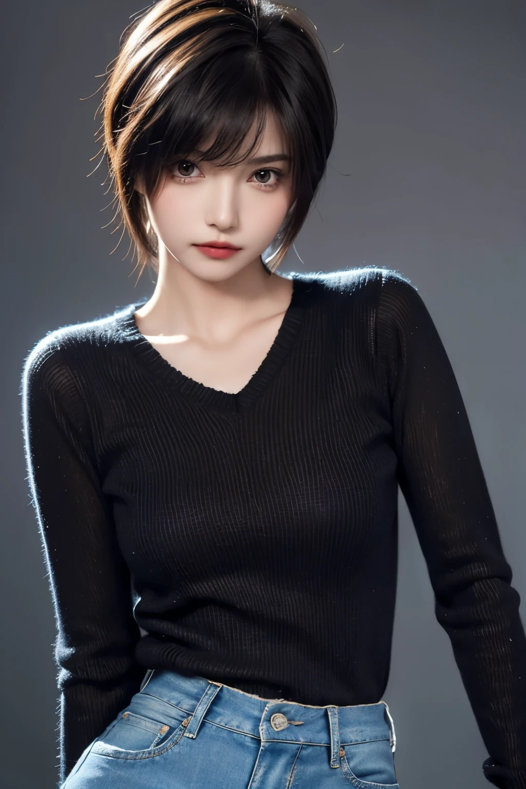 best quality, super fine, 16k, incredibly absurdres, extremely detailed, 2.5D, delicate and dynamic, cool and beautiful woman, light brown short hair, captivating look, aroused expression, superlative body proportion, wearing black V-neck sweater and tattered jeans, cool Pose, simple background