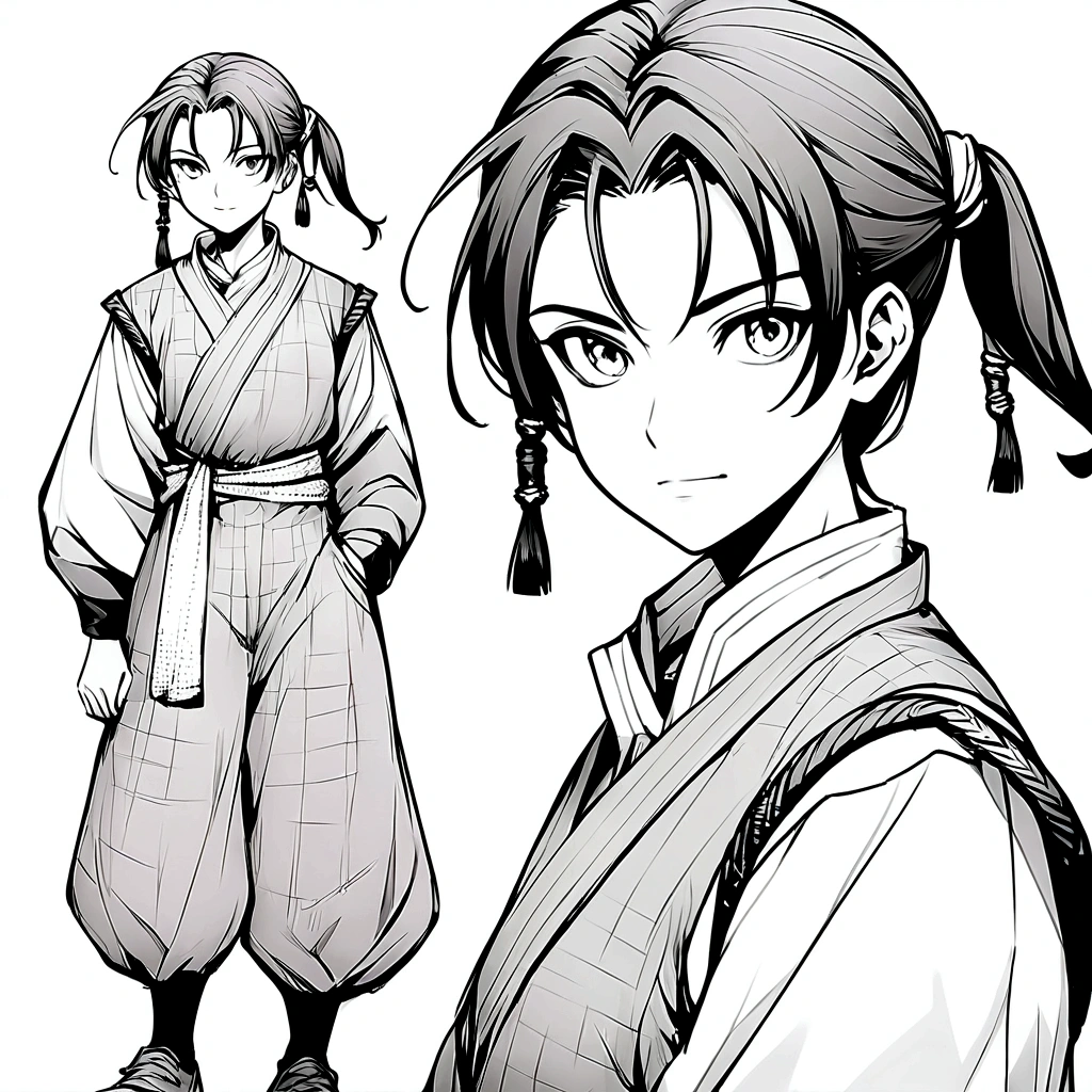 Create an image of this same character, black andwhite, facing the front