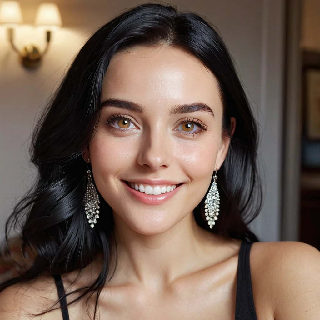 (masterpiece), best quality, Phone photo selfie, attractive young woman with black hair and brown eyes, small silver earrings, flirty look, posted on snapchat, smiling, boring PHY 2743 at night at home. Her light honey-colored eyes are striking, with the iris clearly visible and reflecting the light, becoming the focal point of the photograph. Her expression is happy and smiling and she looks out of the frame with a gentle intensity. She has long, straight light black hair, light pale skin. The overall atmosphere is intimate, emphasizing the intricate interplay of light and dark on her face. HDR(HighDynamicRange),Ray tracing,NVIDIA RTX,Hyper-Resolution,Unreal 5,sub-surface Scattering,PBR Texturing,Postprocess,Anisotropy Filtering,depth of fields,Maximum clarity and sharpness,multi-layer texture,Albedo and specular maps,Surface Shading