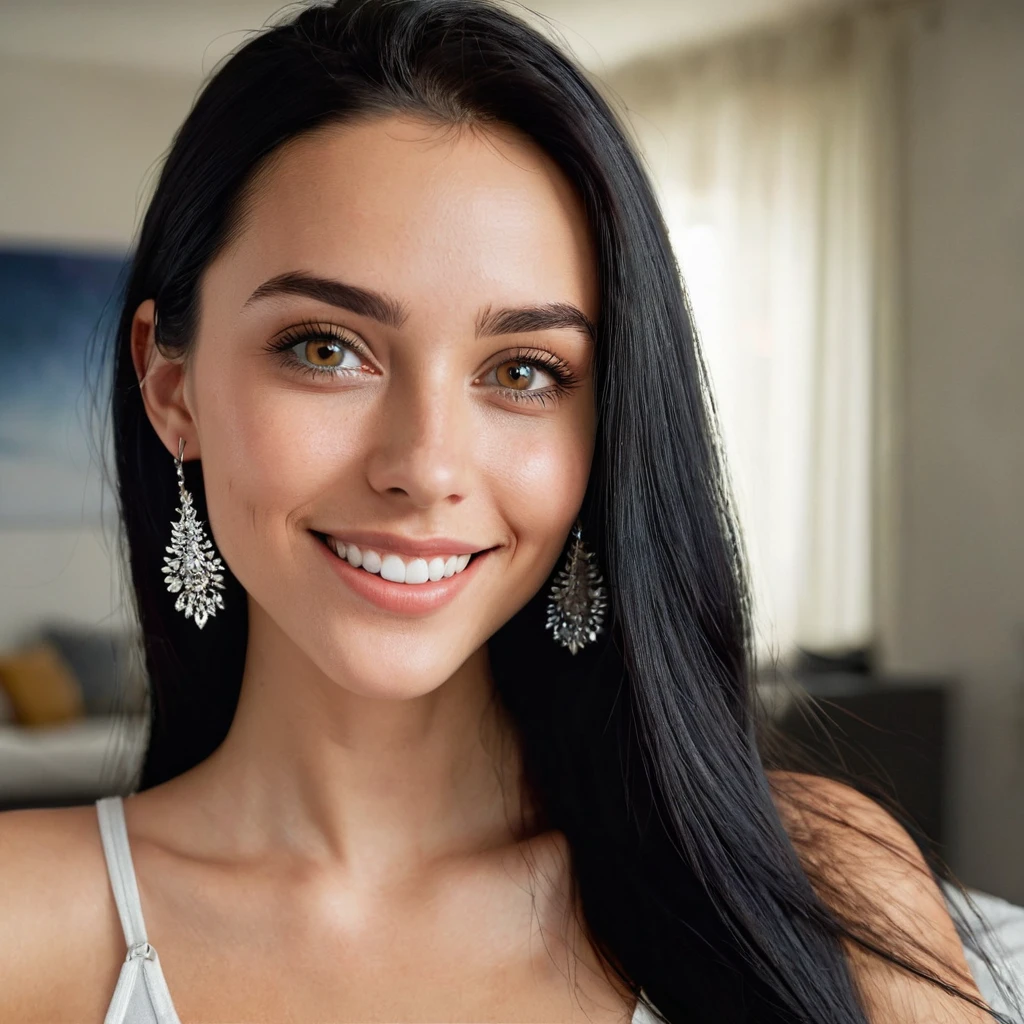 (masterpiece), best quality, Phone photo selfie, attractive young woman with black hair and brown eyes, small silver earrings, flirty look, posted on snapchat, smiling, boring PHY 2743 at night at home. Her light honey-colored eyes are striking, with the iris clearly visible and reflecting the light, becoming the focal point of the photograph. Her expression is happy and smiling and she looks out of the frame with a gentle intensity. She has long, straight light black hair, light pale skin. The overall atmosphere is intimate, emphasizing the intricate interplay of light and dark on her face. HDR(HighDynamicRange),Ray tracing,NVIDIA RTX,Hyper-Resolution,Unreal 5,sub-surface Scattering,PBR Texturing,Postprocess,Anisotropy Filtering,depth of fields,Maximum clarity and sharpness,multi-layer texture,Albedo and specular maps,Surface Shading