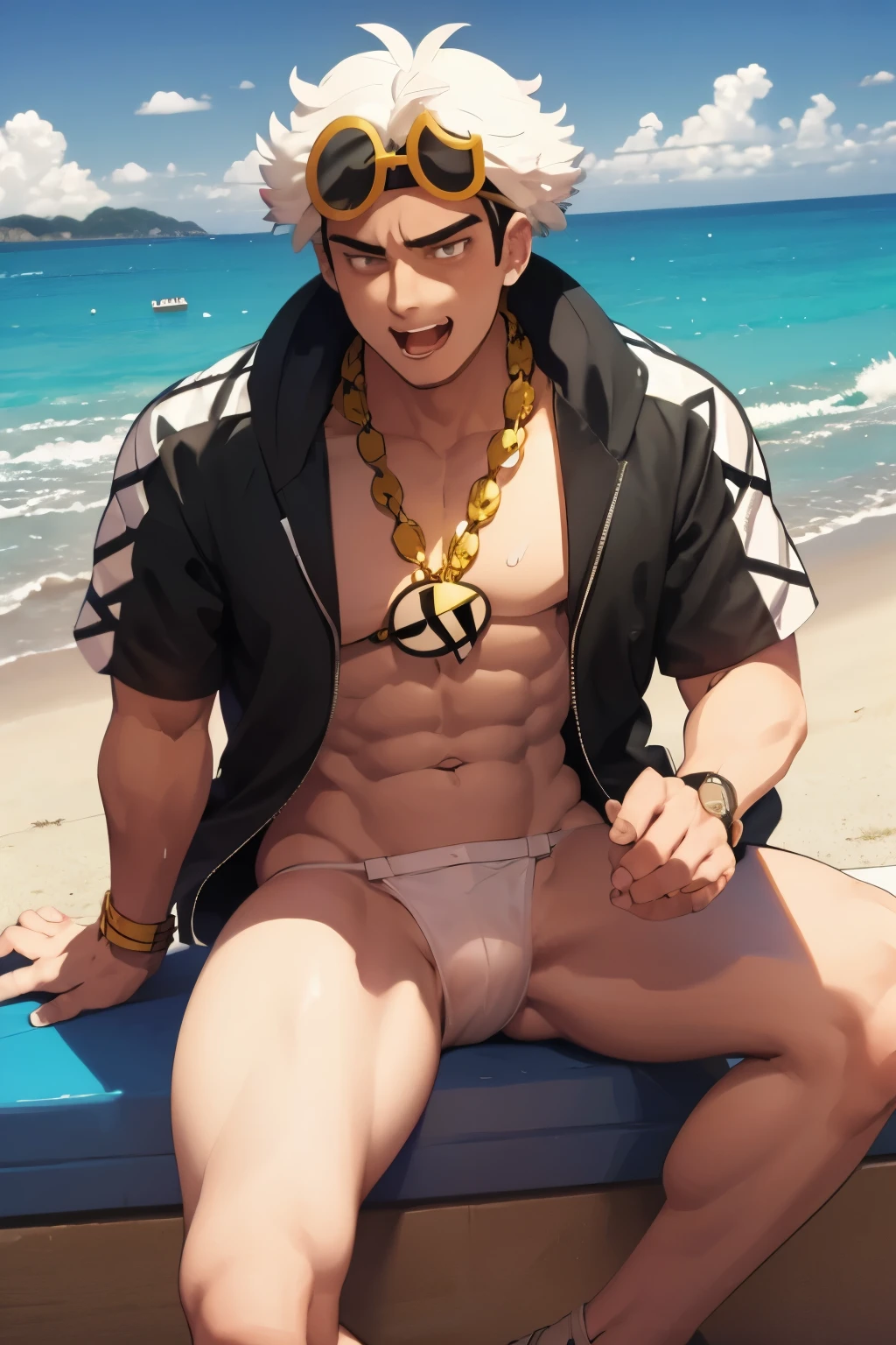 guzma,pokemon style, looking at viewers, macro shot, sleeping, sweat, nude,muscular, guy, 20 years old, fluffy hair, tipsy, tongue out, swimsuit, overexplosure, beach, outdoors, blue sky,