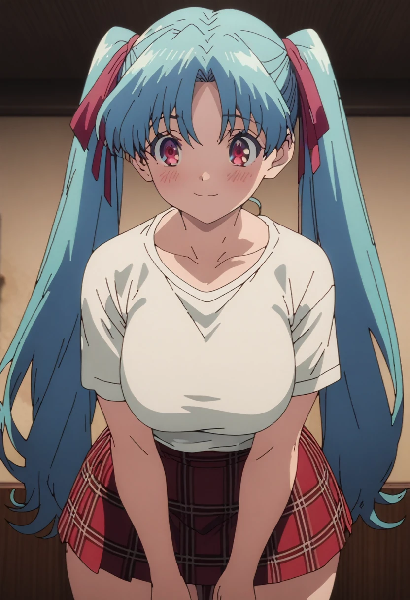 cel-shaded, 1990s anime, detailed, high quality, atmospheric, masterpiece, best quality, very aesthetic, absurdres, anime screencap, miku. 1girl, solo, red eyes, detailed eyes, blue hair, twintails, long twintails, hair ribbons, , miniskirt, plaid miniskirt, white shirt, indoors, curvy body, big breasts, blush, happy, cowboy shot, standing, front view, arms behind