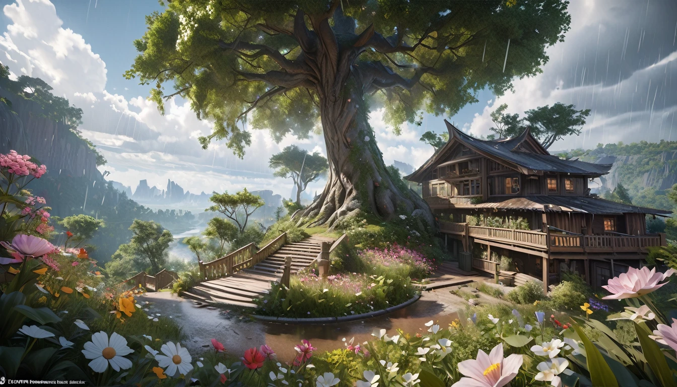 sky, cloud, moon, tree, flower, rain, Spectacular view, 16K, Unreal Engine, Octane Render, highest quality, ultra-high definition, Realistic, Photorealism, fantastic, digital art, artgerm, trending on artstation, uninhabited, concept art, exaggerated artistic expression, cinematic unrealistic style concept art, highly detailed, The size of the artifact is a realistic size balance compared to other objects around it,