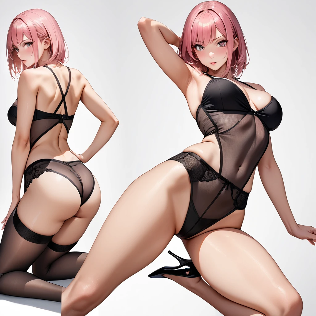 16k works,Highest quality,18-year-old,No background.White background only,whole body、Kneel,Dynamic and y pose, One person, Beautiful Face,, Symmetrical eyes, Perfect body, Good balance、 Perfect body、One girl, Pink Hair, Big Assealistic legs, Black Lingerie, stockings, Stiletto heels, Fully grown